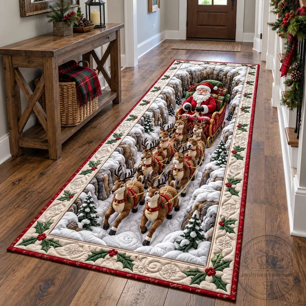 Santa Claus Reindeer Sleigh Ride Christmas Holiday Runner Rug
