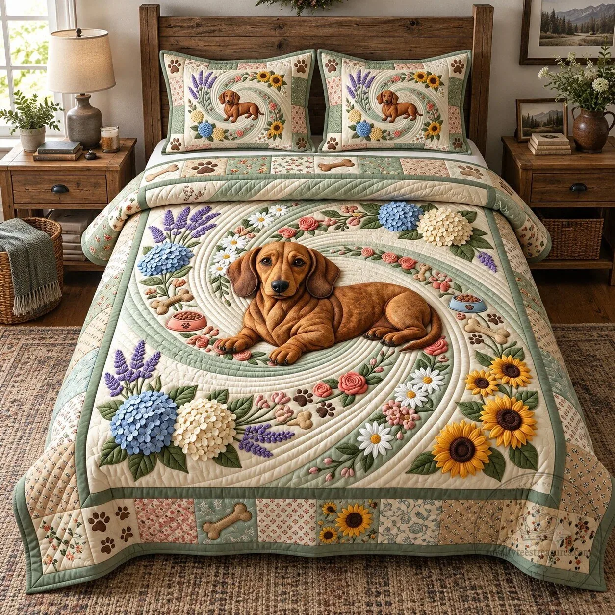 Dachshund Swirl Floral Quilted Bedding Set with Pillow Shams