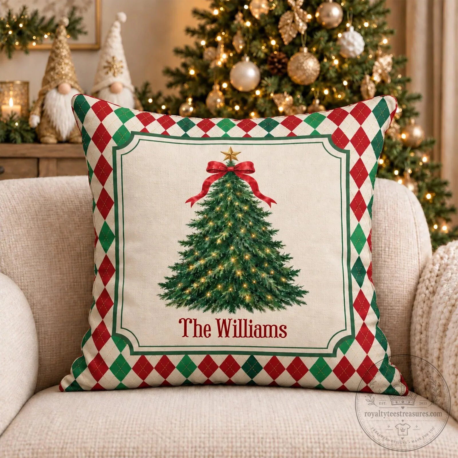 Personalized Christmas Tree Family Name Pillow