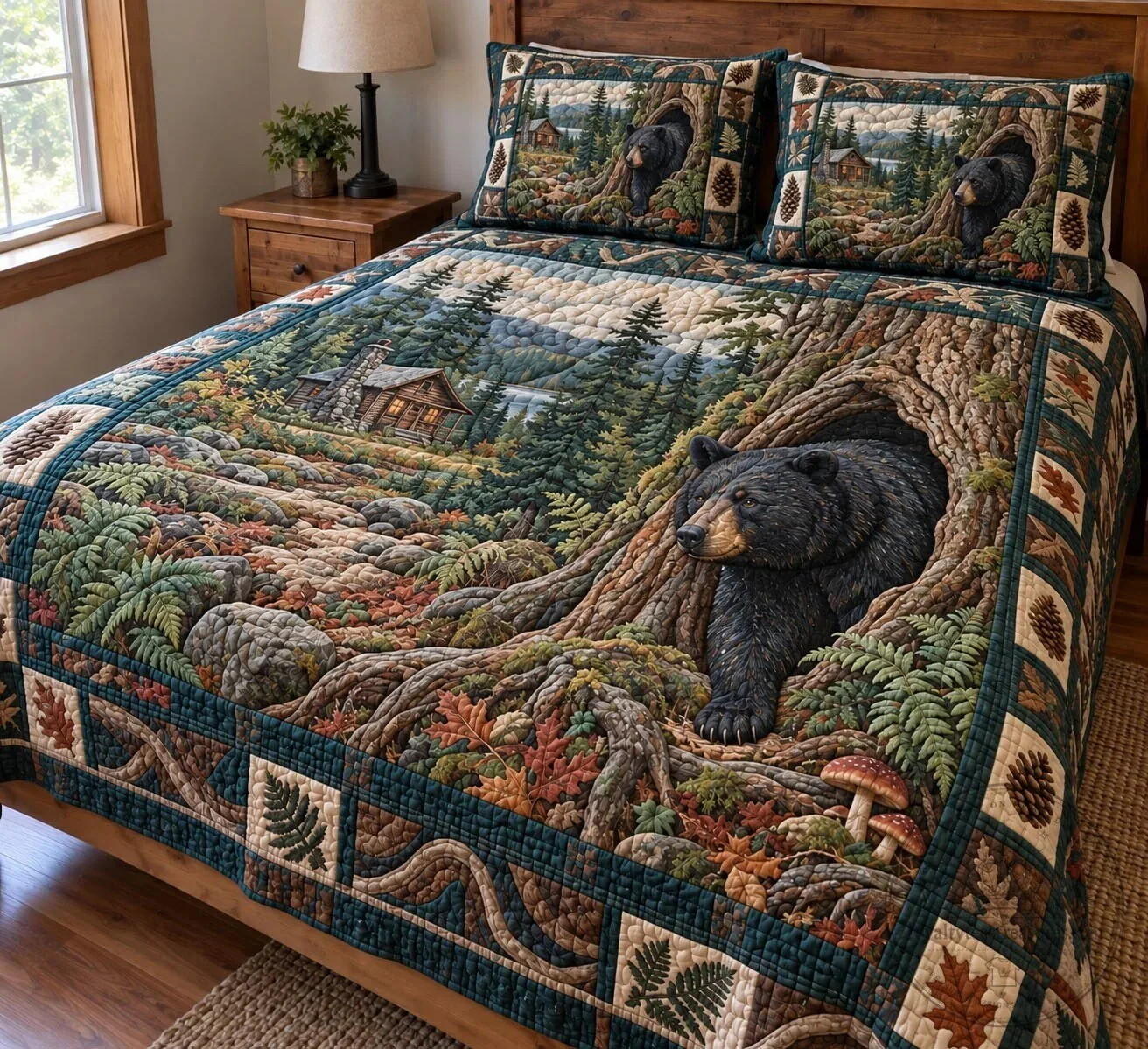 Rustic Black Bear Cabin Forest Nature Quilted Bedding Set with Pillow Shams