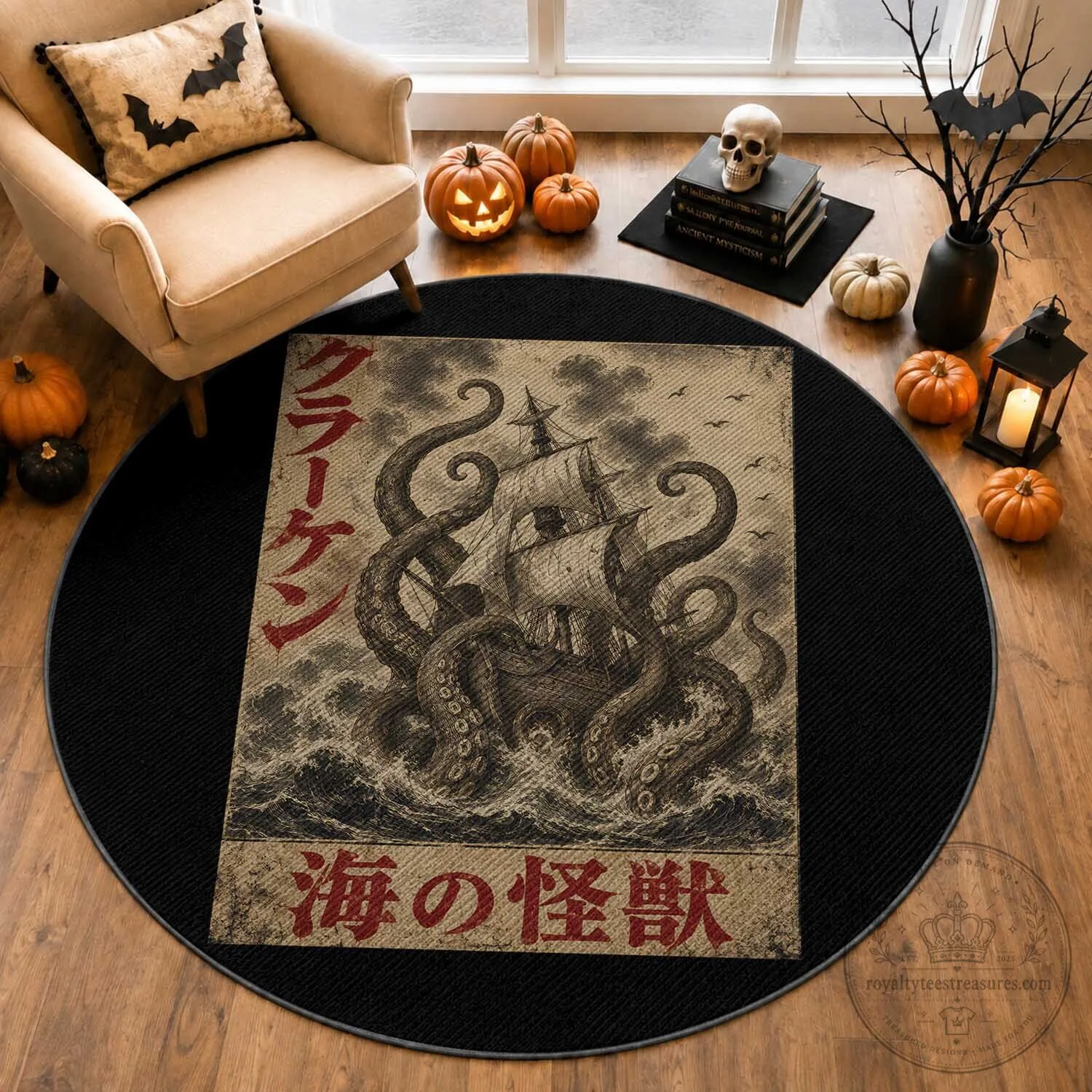 Vintage Japanese Ukiyoe Kraken Giant Octopus Sea Monster Round Rug