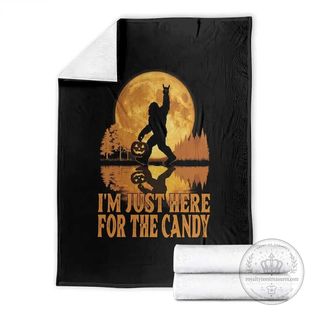 Funny Bigfoot Halloween Throw Blanket I'm Just Here For The Candy Cryptid Gift