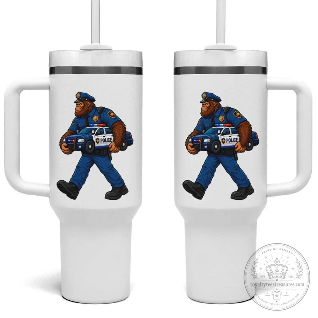 Humorous Law Enforcement Tumbler with Bigfoot as a Police Officer and Patrol Car