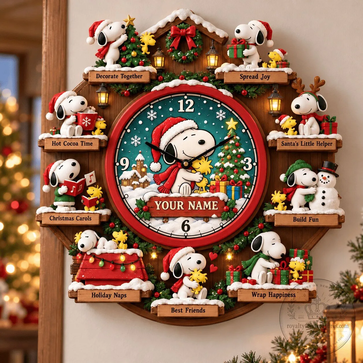 Snoopy Peanuts Christmas Holiday Wall Clock with Personalized Name