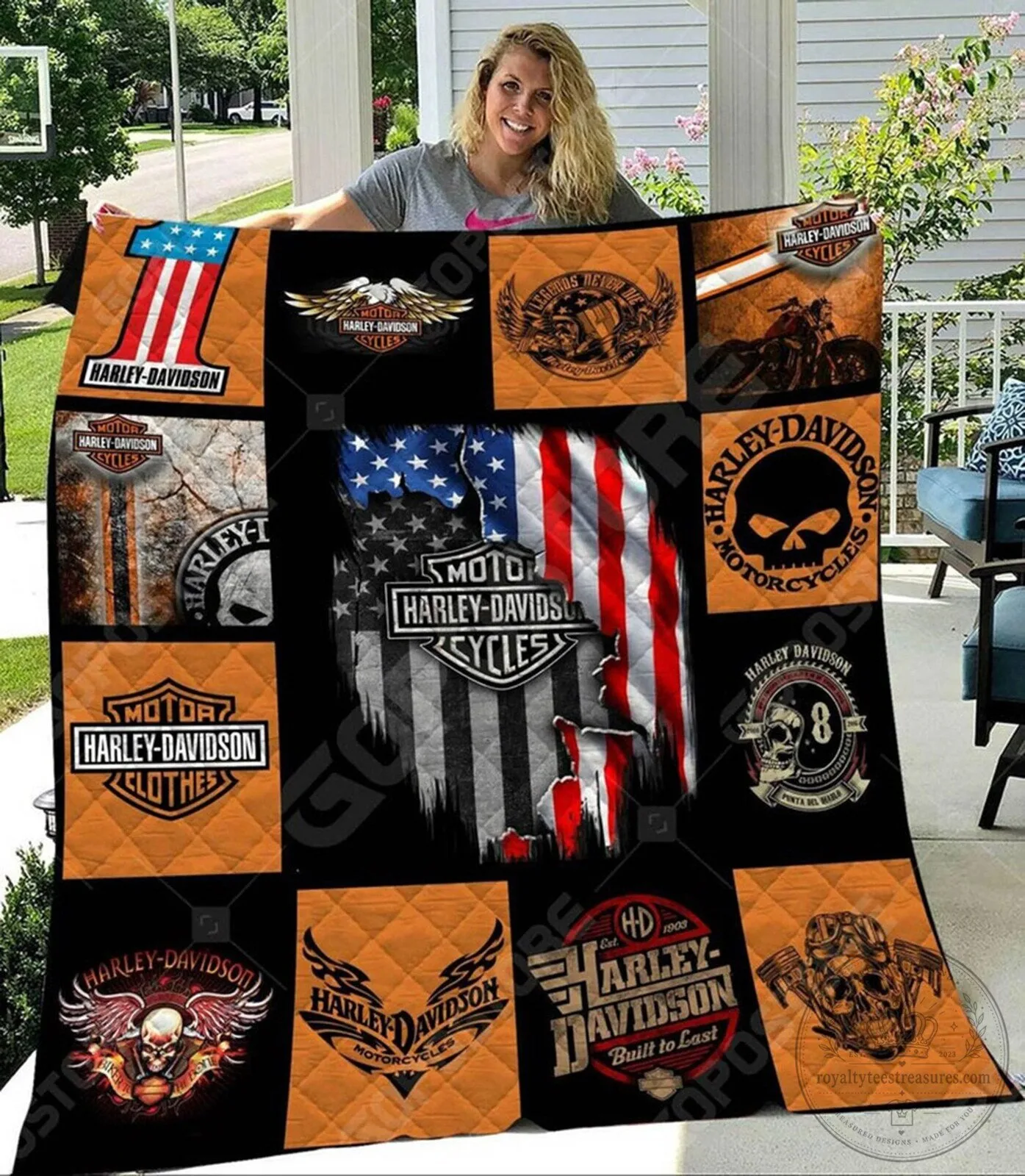Harley-Davidson American Flag Skull Motorcycle Enthusiast Quilted Blanket