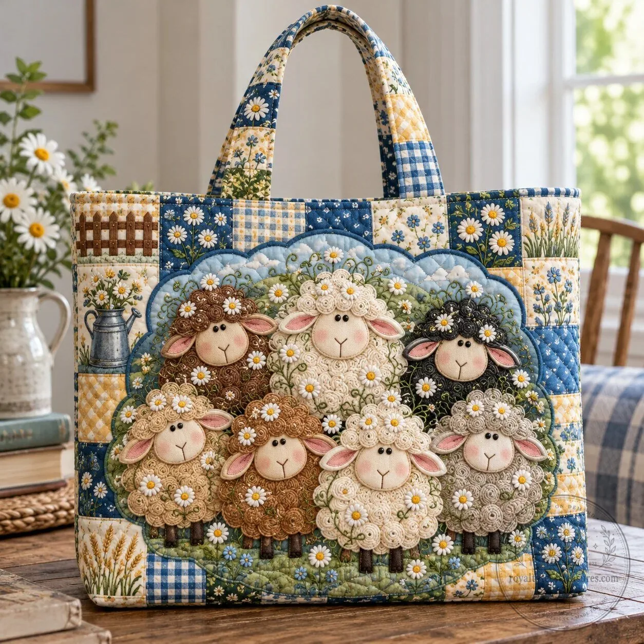 Cute Sheep Daisy Patchwork Quilted Tote Bag for Women