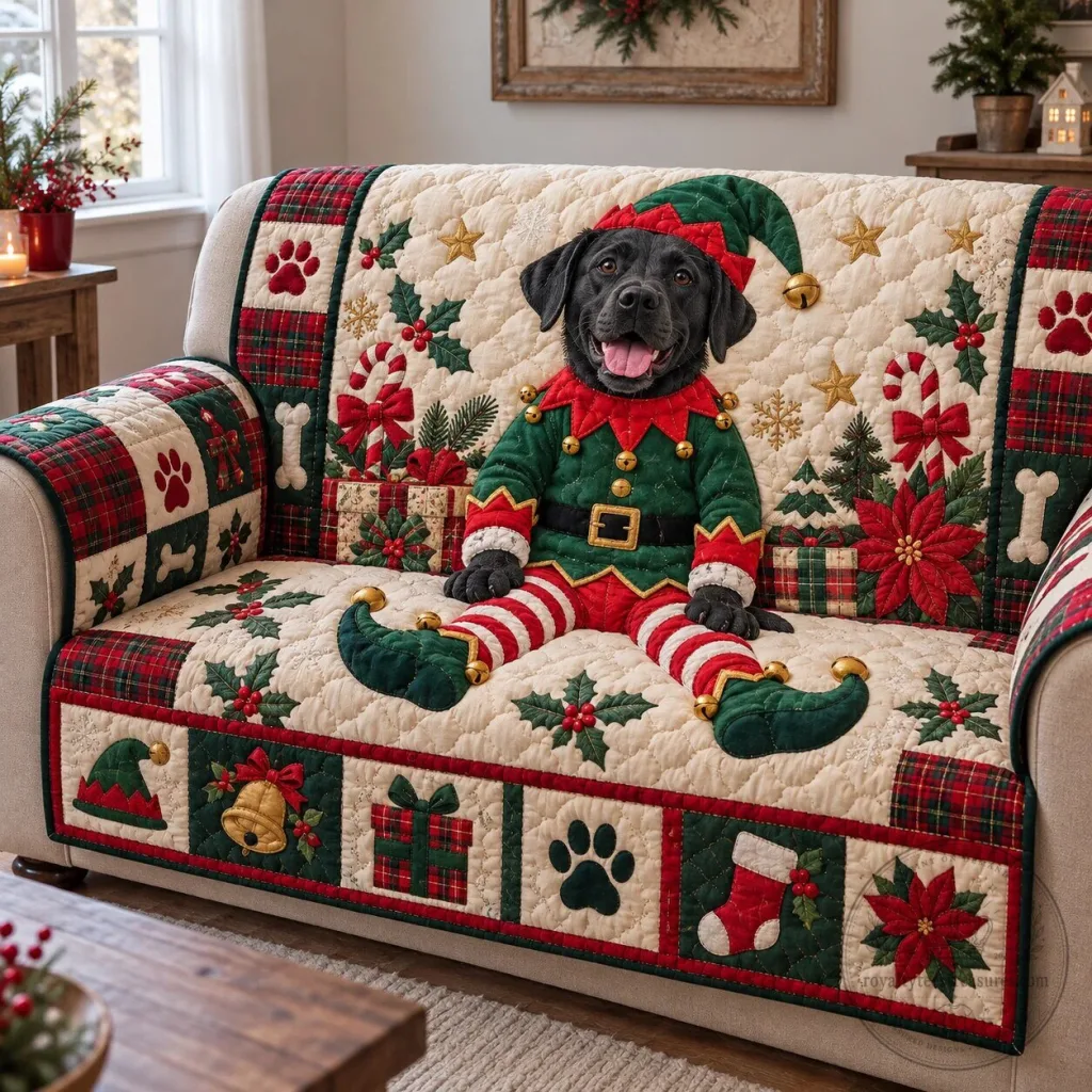 Christmas Labrador Retriever Elf Quilted Sofa Cover for Holiday Home Decor Christmas Labrador Retriever Elf Quilted Sofa Cover for Holiday Home Decor