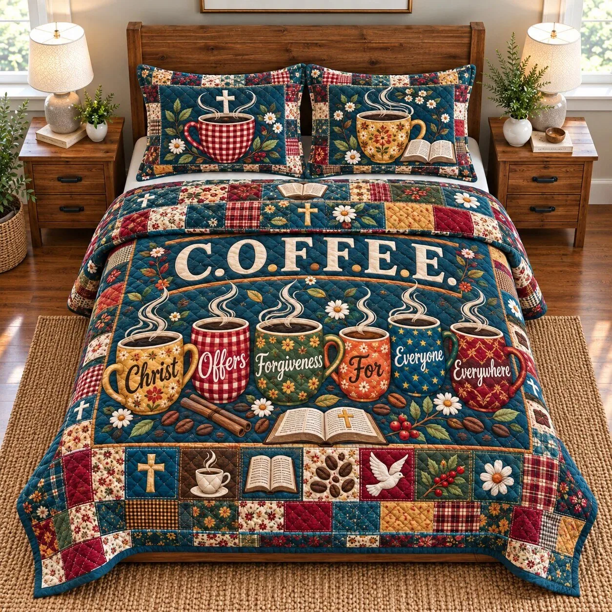 Christian Coffee Patchwork Quilted Bedding Set with Pillow Shams