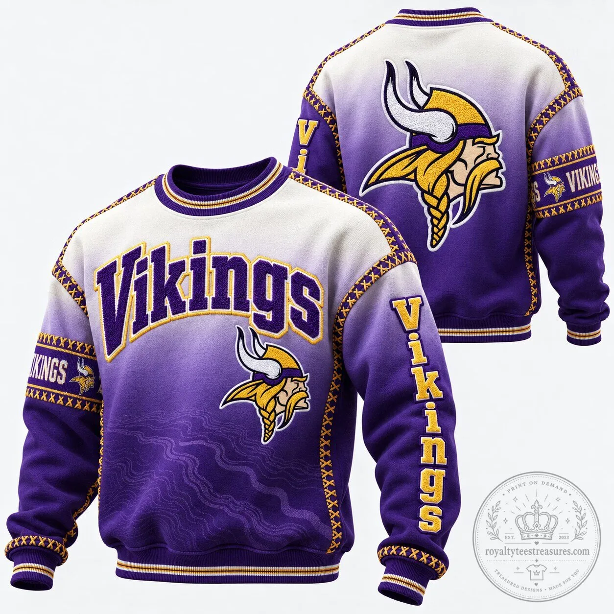 Purple and White Crewneck Sweatshirt featuring the Minnesota Vikings Football Team Logo