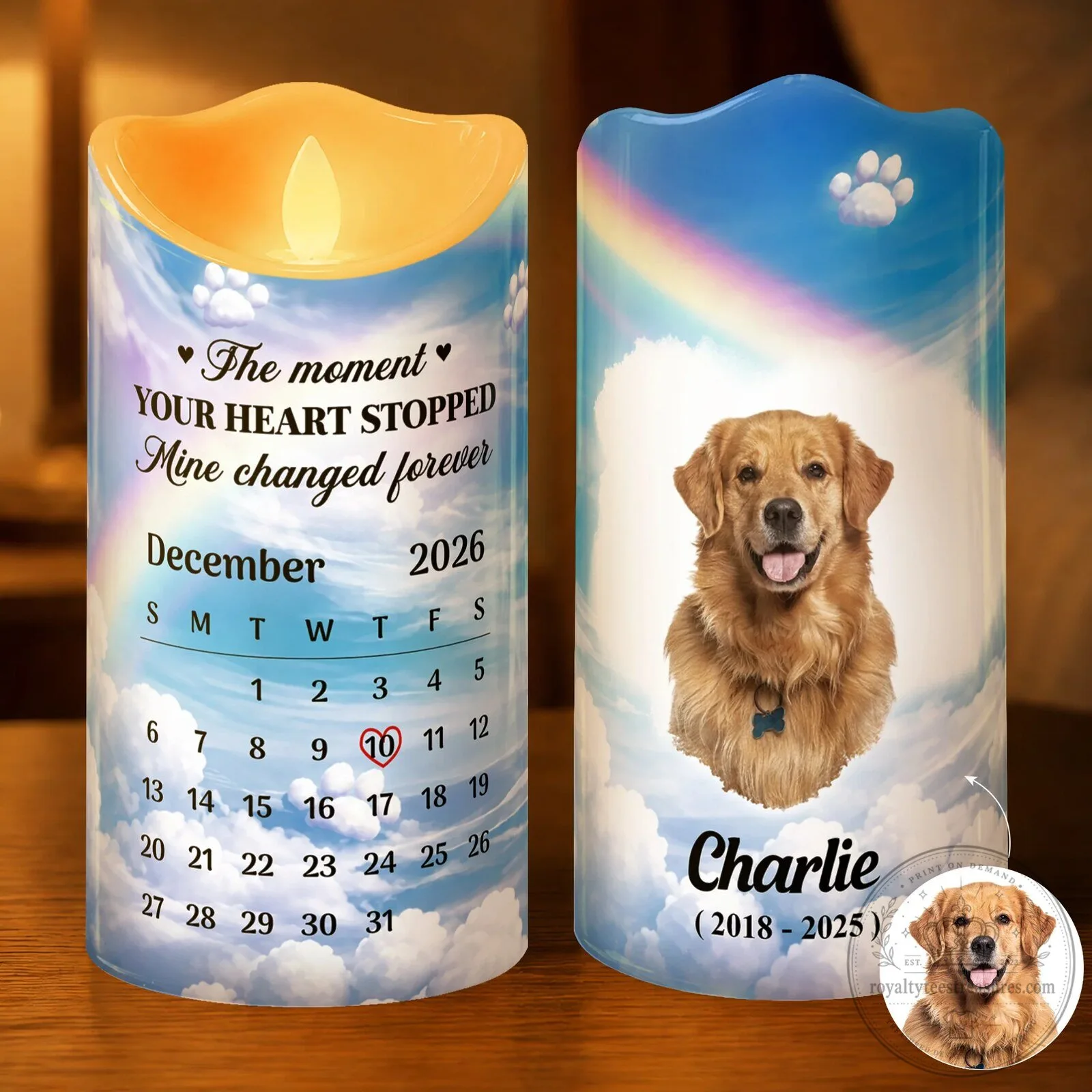 Personalized Pet Memorial LED Candle with Golden Retriever Photo and Calendar 2D