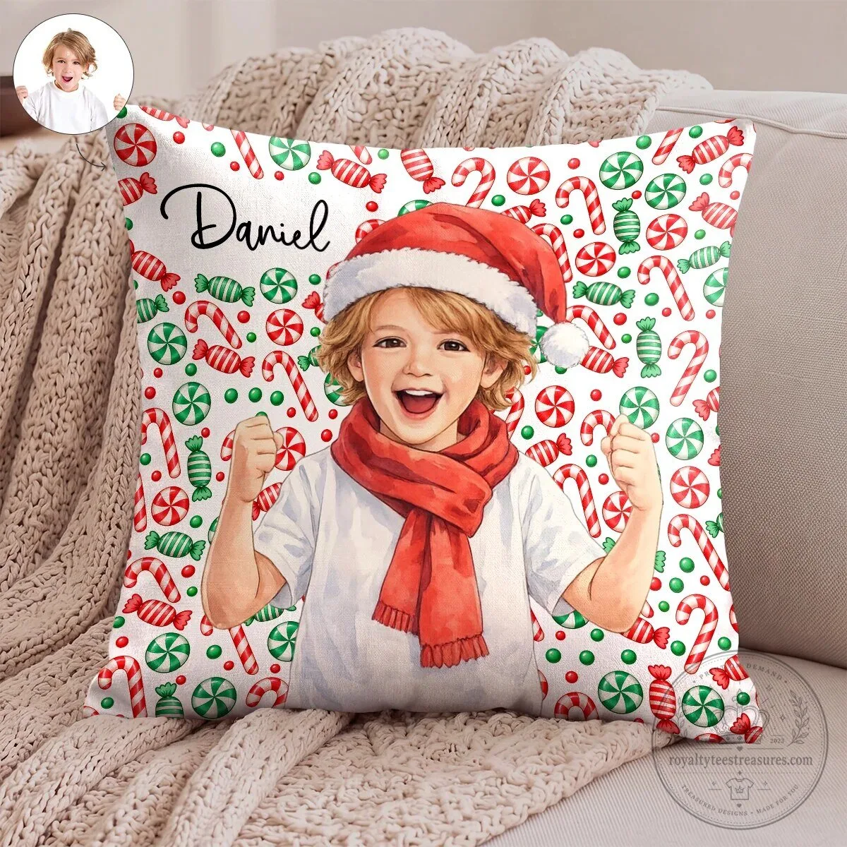Personalized Christmas Kid Photo Custom Name Candy Cane Throw Pillow