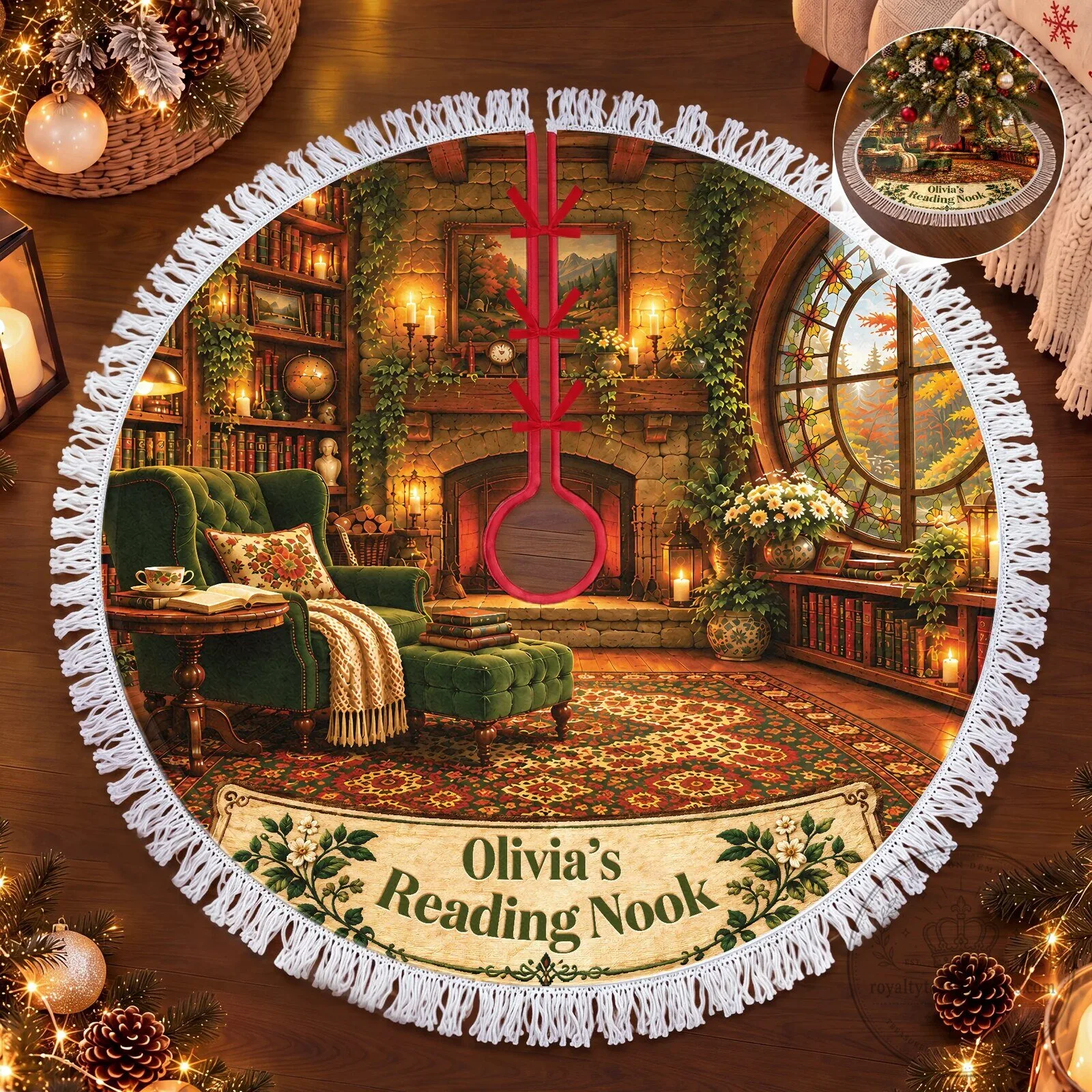 Personalized Reading Nook Christmas Tree Skirt with Fringes 6 Personalized Reading Nook Christmas Tree Skirt with Fringes