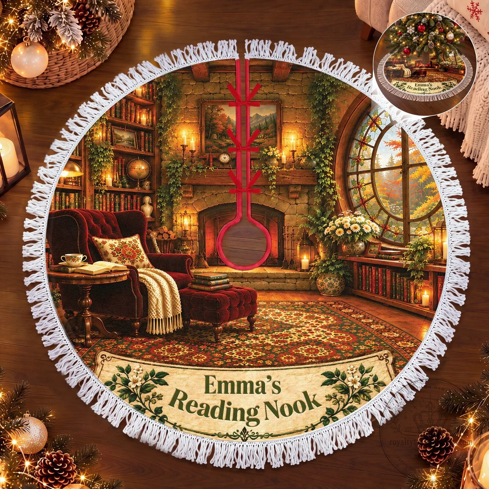 Personalized Reading Nook Christmas Tree Skirt with Fringes 7 Personalized Reading Nook Christmas Tree Skirt with Fringes
