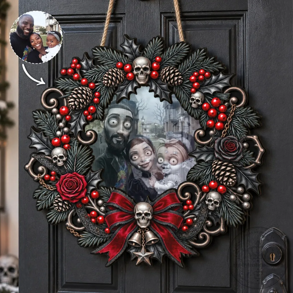 Personalized Gothic Family Portrait Christmas Wreath with Skulls and Red Berries Personalized Gothic Family Portrait Christmas Wreath with Skulls and Red Berries
