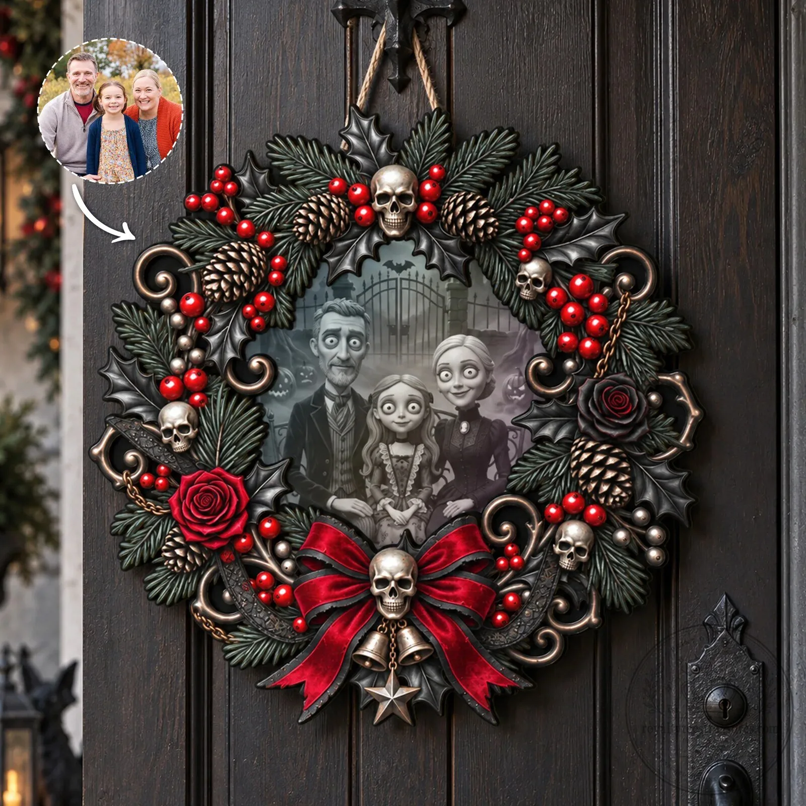 Personalized Gothic Family Portrait Christmas Wreath with Skulls and Red Berries 9 Personalized Gothic Family Portrait Christmas Wreath with Skulls and Red Berries