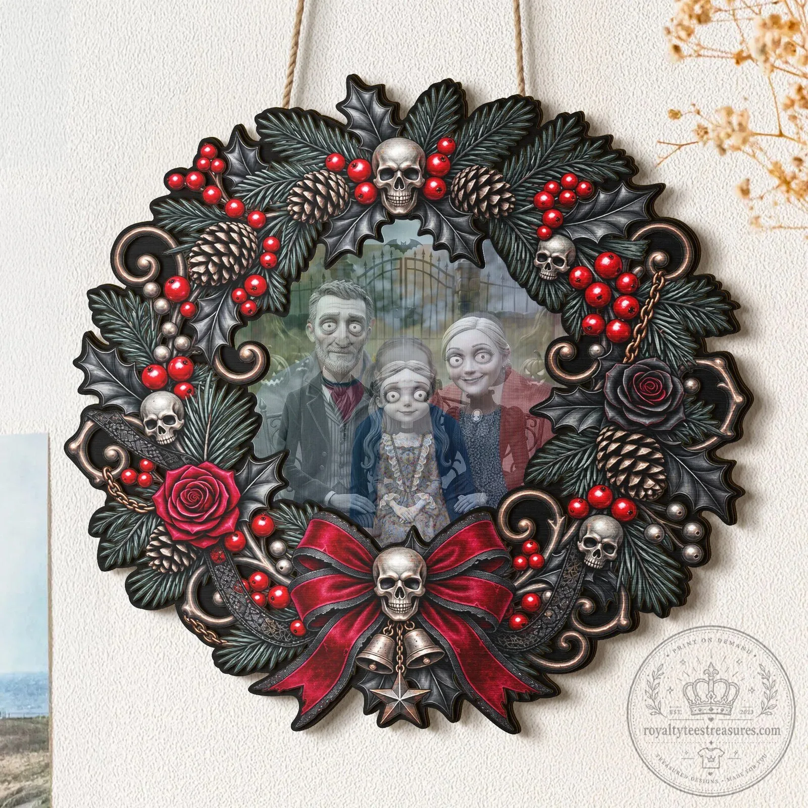 Personalized Gothic Family Portrait Christmas Wreath with Skulls and Red Berries 11 Personalized Gothic Family Portrait Christmas Wreath with Skulls and Red Berries