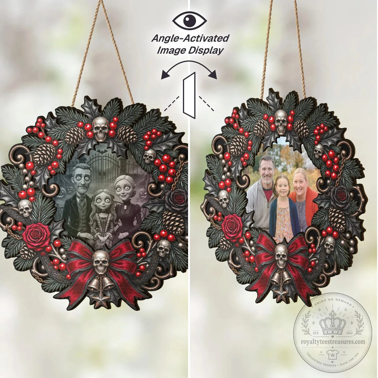 Personalized Gothic Family Portrait Christmas Wreath with Skulls and Red Berries 12 Personalized Gothic Family Portrait Christmas Wreath with Skulls and Red Berries