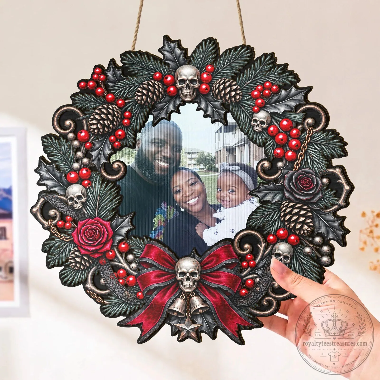 Personalized Gothic Family Portrait Christmas Wreath with Skulls and Red Berries 14 Personalized Gothic Family Portrait Christmas Wreath with Skulls and Red Berries