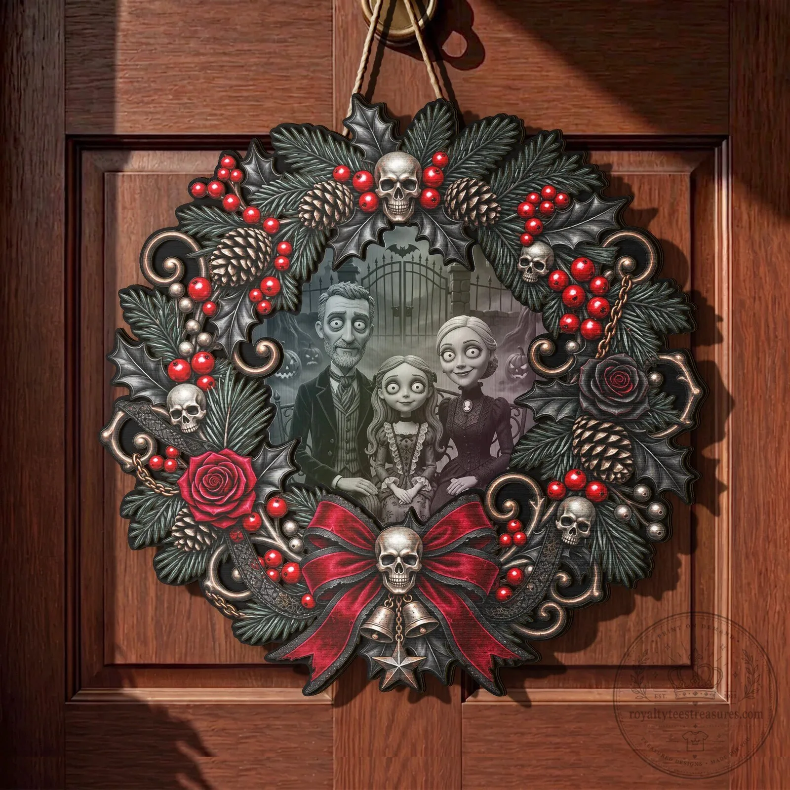 Personalized Gothic Family Portrait Christmas Wreath with Skulls and Red Berries 15 Personalized Gothic Family Portrait Christmas Wreath with Skulls and Red Berries