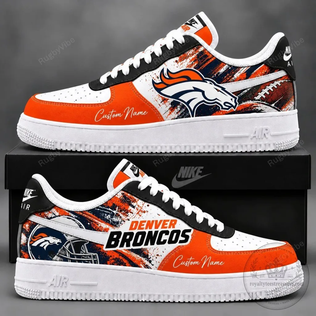 Denver Broncos Custom Name NFL Team Logo White Orange Air Force Sneakers Shoes Denver Broncos Custom Name NFL Team Logo White Orange Air Force Sneakers Shoes