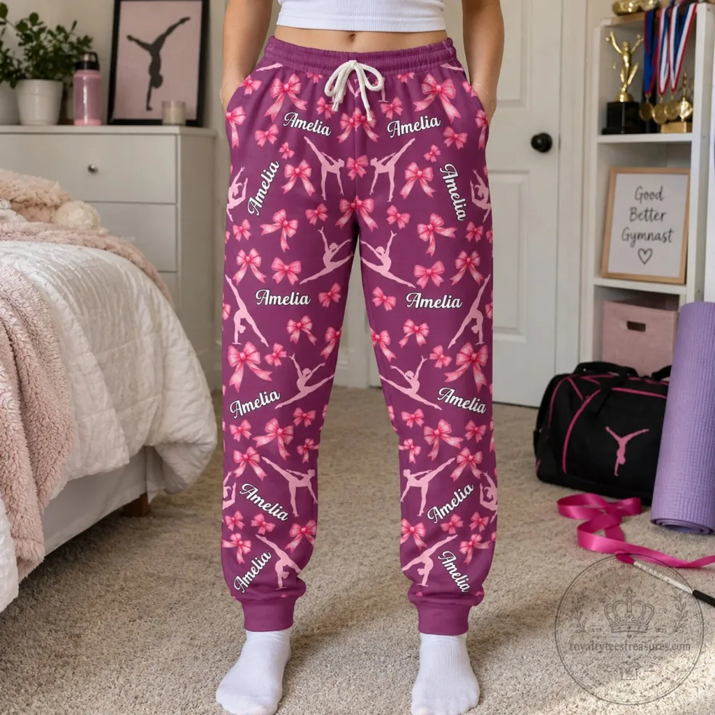 Personalized Gymnastics Coquette Bow Pattern Girls Custom Name Jogger Pants Personalized Gymnastics Coquette Bow Pattern Girls Custom Name Jogger Pants