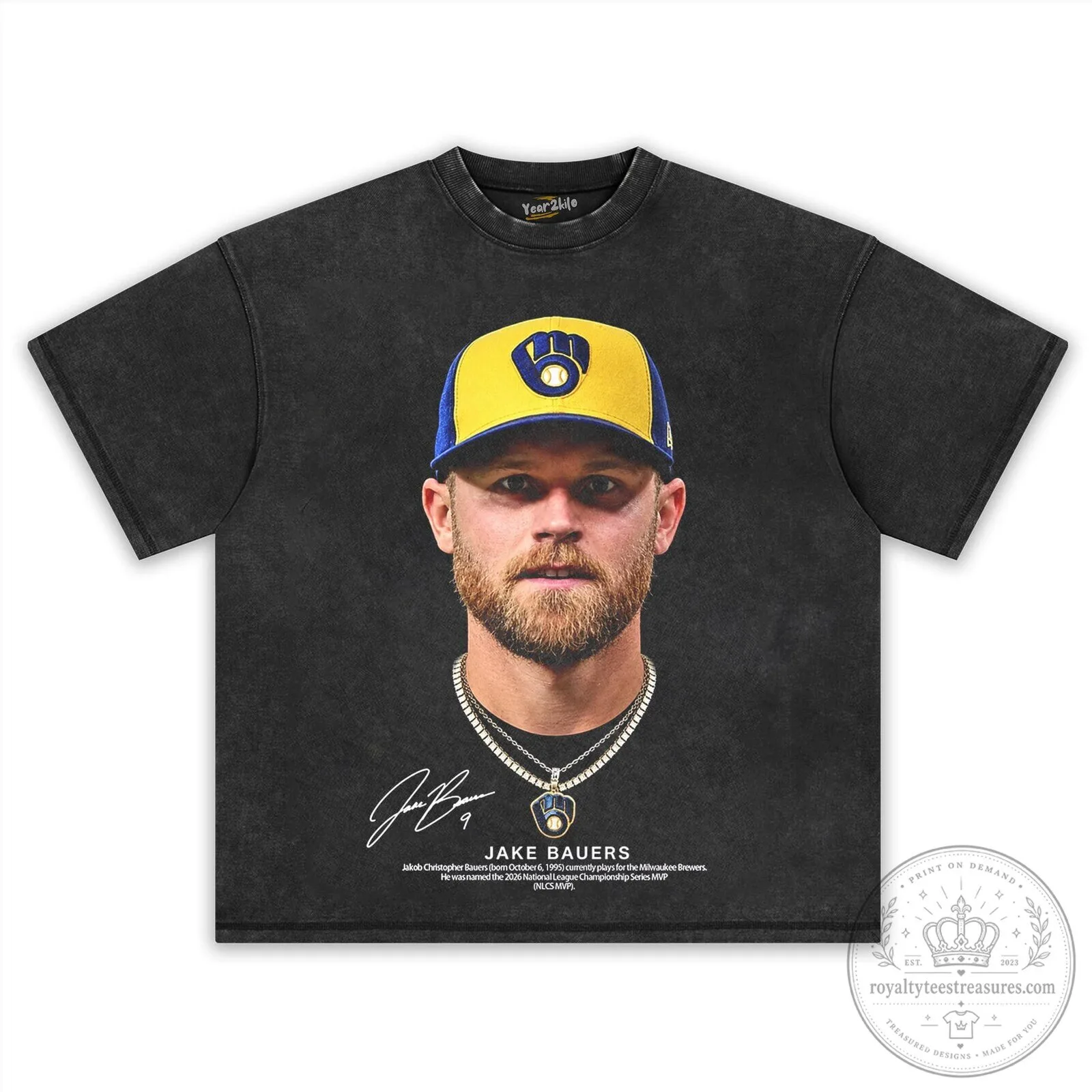 Jake Bauers Milwaukee Brewers Baseball Player Portrait Graphic T-Shirt 8 Jake Bauers Milwaukee Brewers Baseball Player Portrait Graphic T-Shirt
