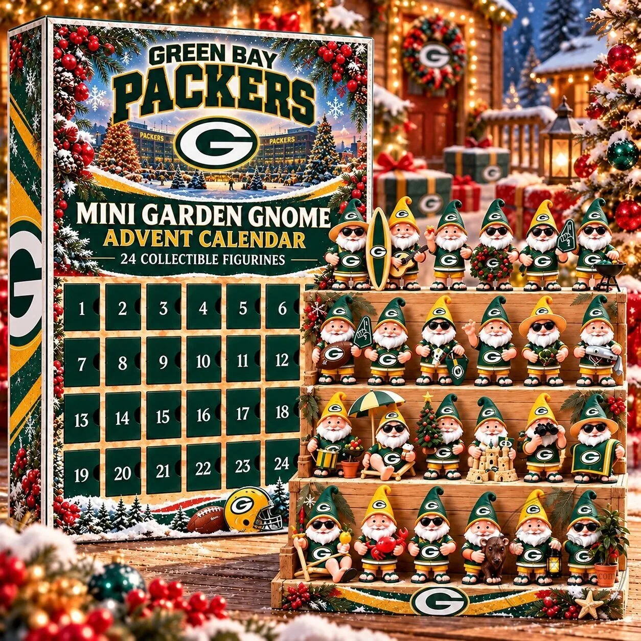 Green Bay Packers NFL Mini Garden Gnome Advent Calendar Collectible Figurines 2D