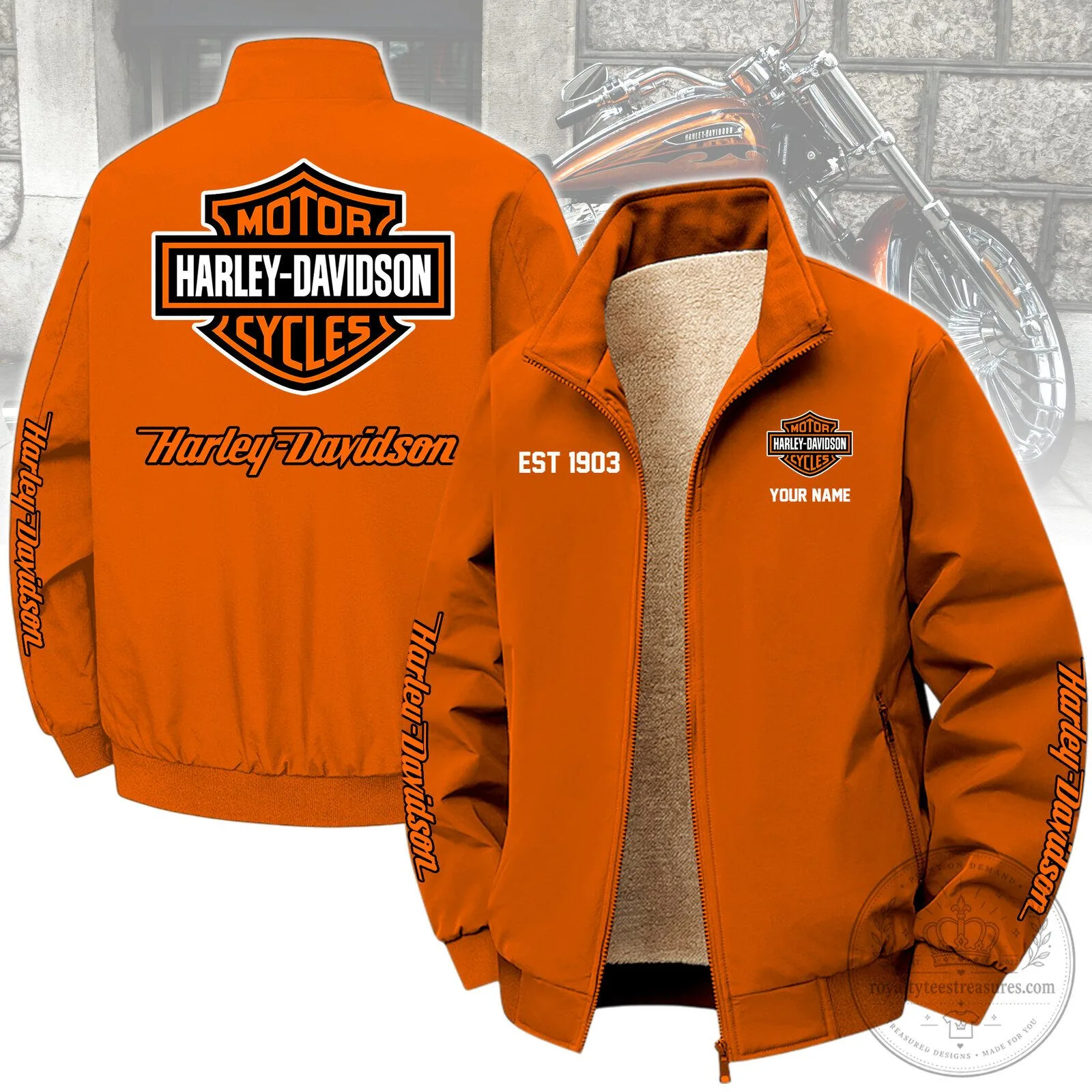 Harley-Davidson Motorcycle Cycles Est 1903 Orange Fleece Jacket