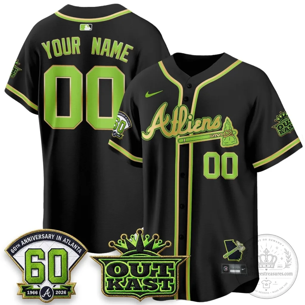 Atlanta Braves Outkast Atliens 60th Anniversary Custom Black Baseball Jersey Atlanta Braves Outkast Atliens 60th Anniversary Custom Black Baseball Jersey