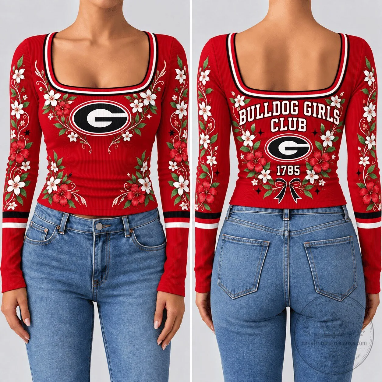 Georgia Bulldogs Women's Floral Pattern Long Sleeve Square Neck Shirt 1 Georgia Bulldogs Women