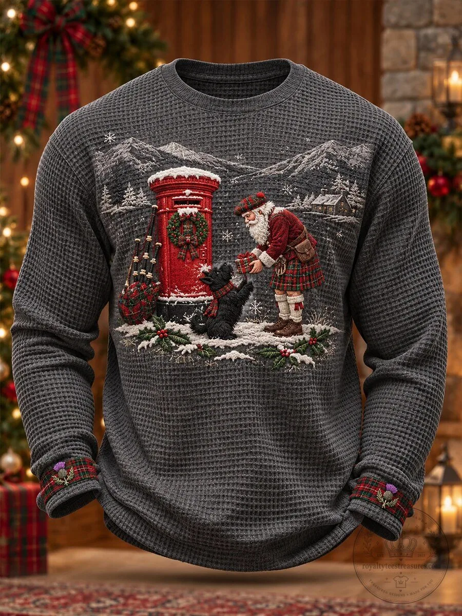 Scottish Santa Claus and Scottie Dog Christmas Waffle Knit Sweatshirt
