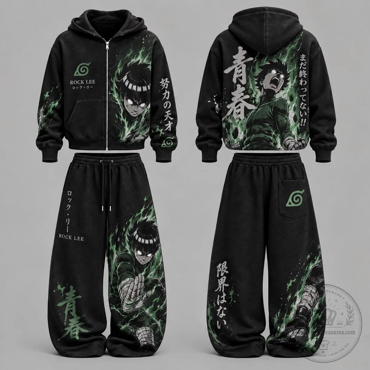 Naruto Rock Lee Anime Character Graphic Print Zip-Up Hoodie and Sweatpants Set