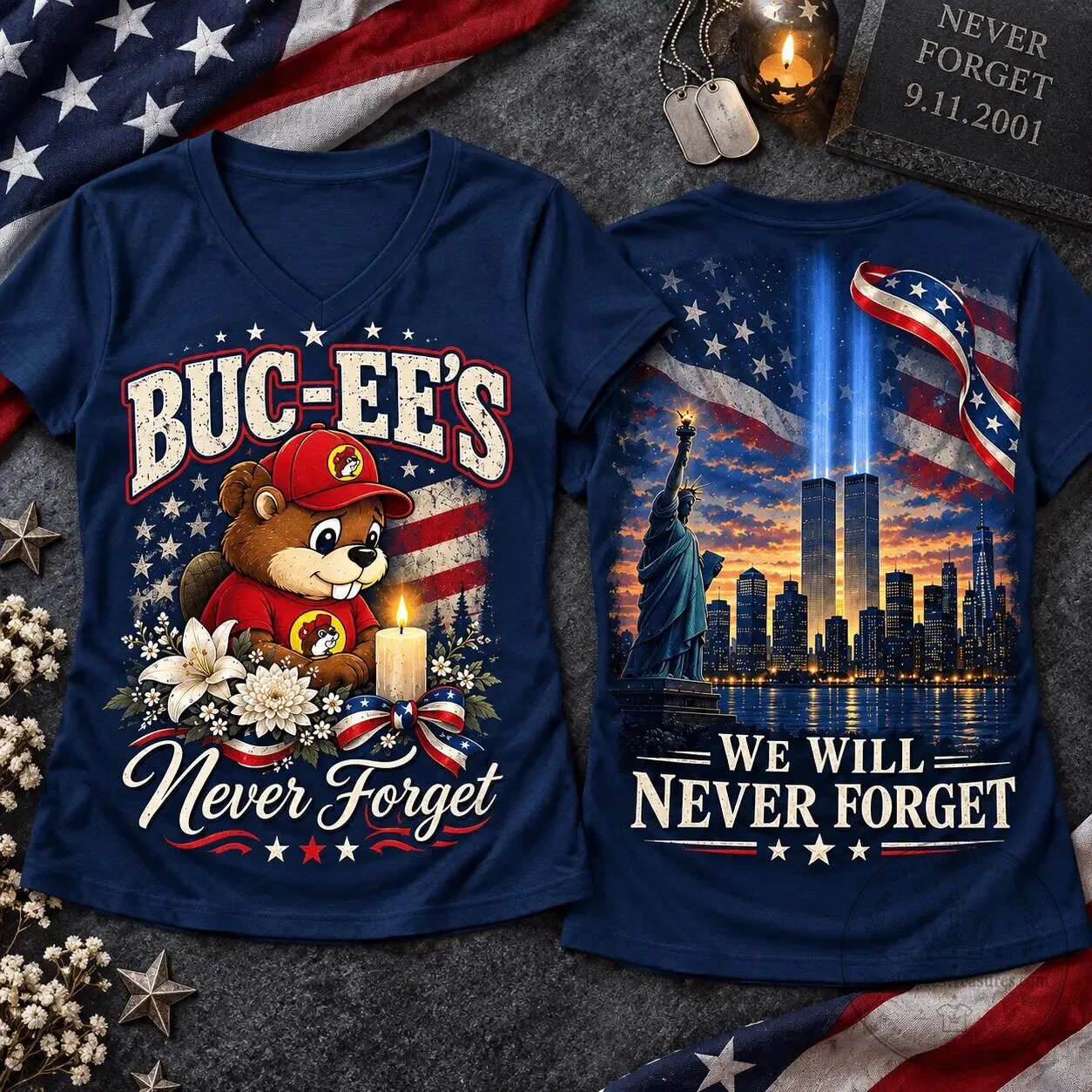 Buc-ee's Never Forget 9/11 Memorial Day Patriotic T-Shirt 3 Buc-ee