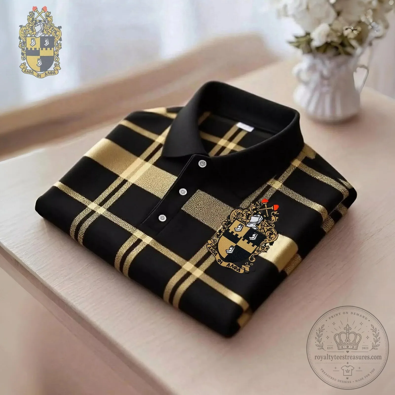 Alpha Phi Alpha Fraternity Incorporated Black Gold Plaid Polo Shirt