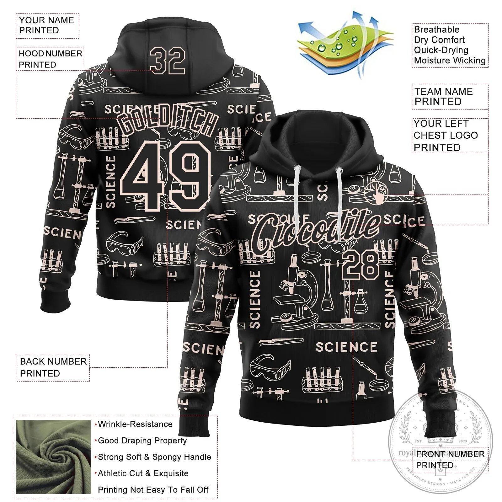 Custom Black and White Science Geek Pullover Hoodie with Team Name and Number 9 Custom Black and White Science Geek Pullover Hoodie with Team Name and Number