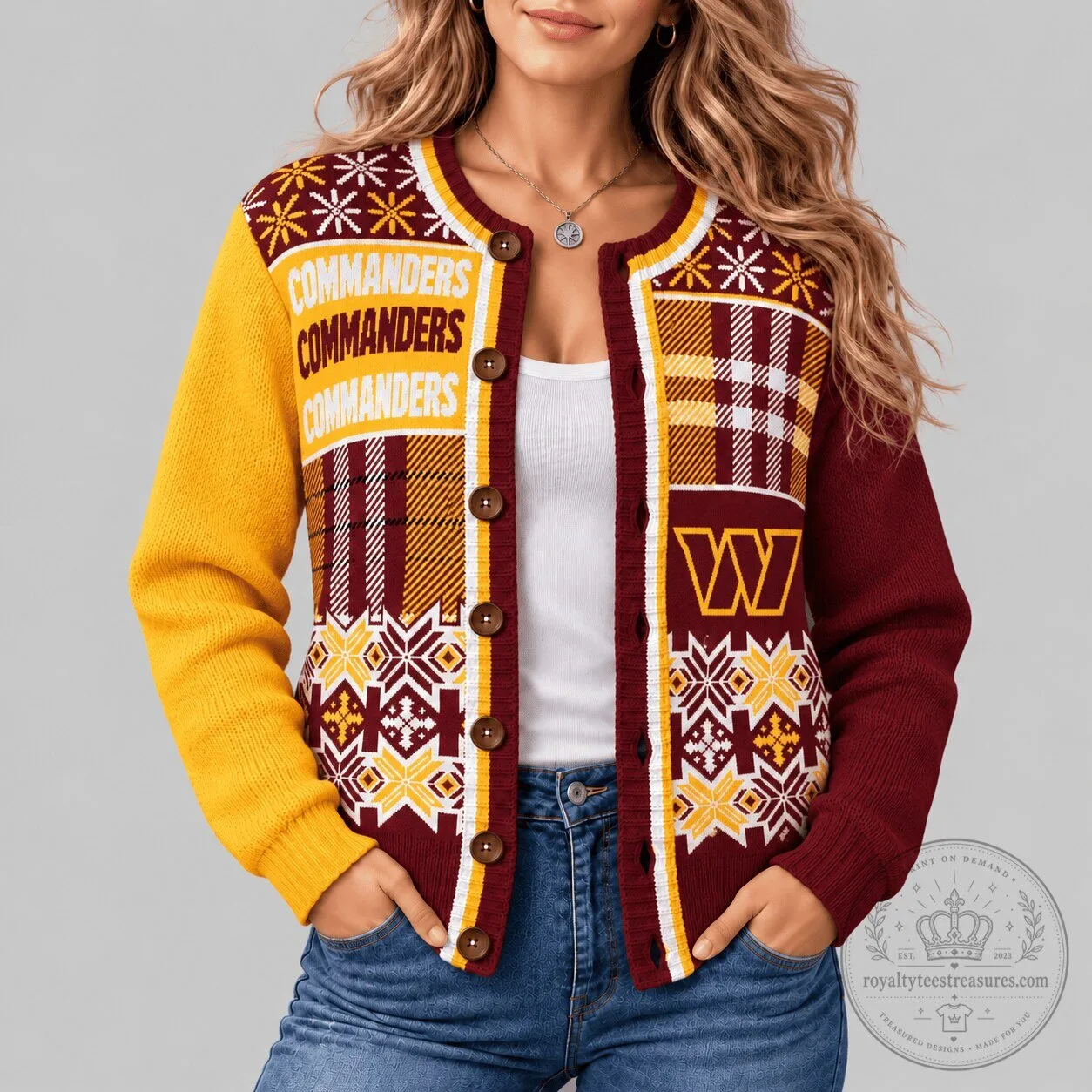 Washington Commanders NFL Fair Isle Plaid Knit Christmas Cardigan Sweater 1 Washington Commanders NFL Fair Isle Plaid Knit Christmas Cardigan Sweater