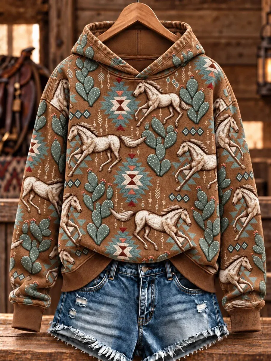Western Horse and Cactus Aztec Pattern Women's Hoodie 1 Western Horse and Cactus Aztec Pattern Women