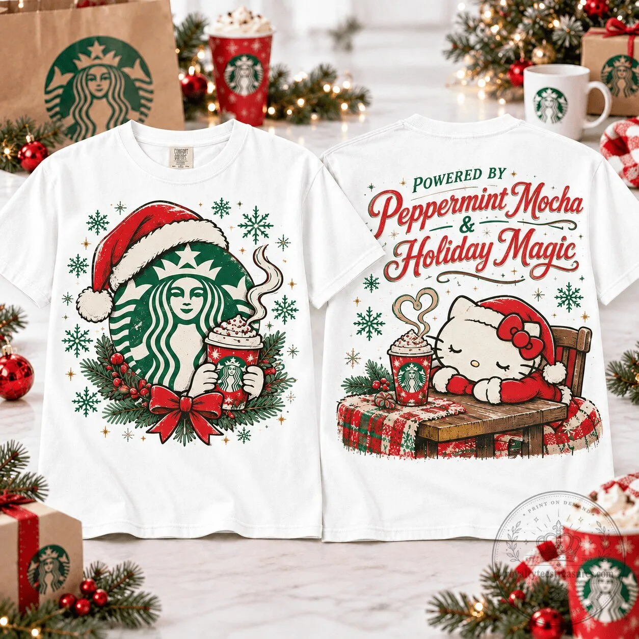 Hello Kitty Starbucks Peppermint Mocha Holiday Magic Christmas T-Shirt 1 Hello Kitty Starbucks Peppermint Mocha Holiday Magic Christmas T-Shirt