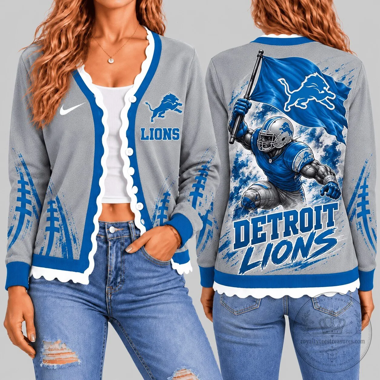 Detroit Lions Football Team Warrior Flag Knit Cardigan Sweater for Women
