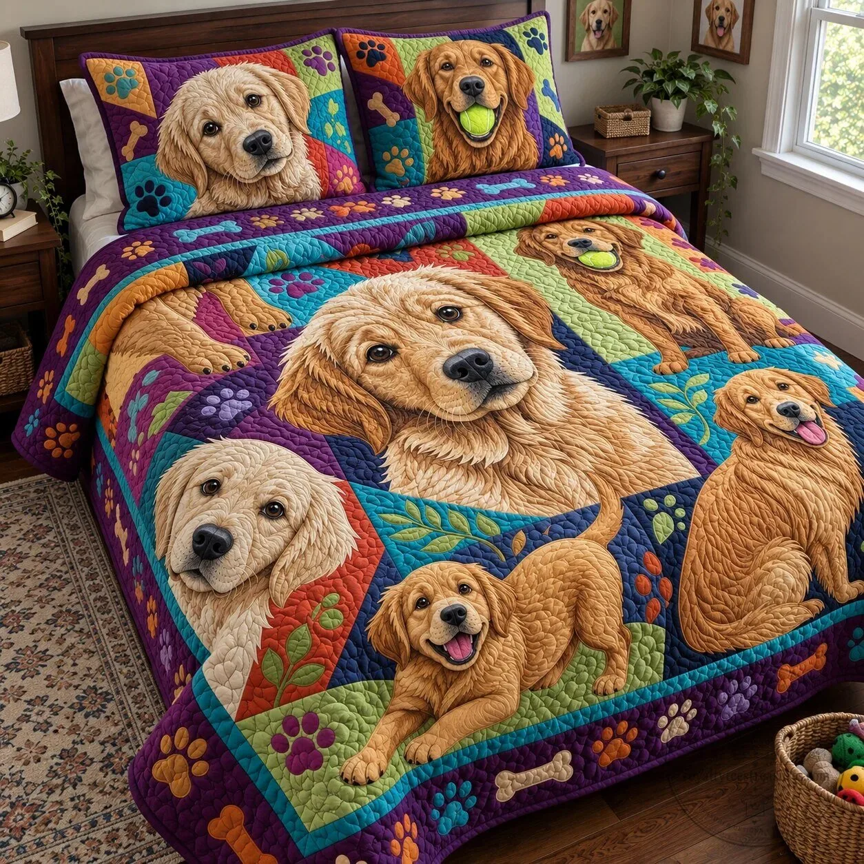 Golden Retriever Pop Art Explosion Quilted Bedding Set with Pillow Shams