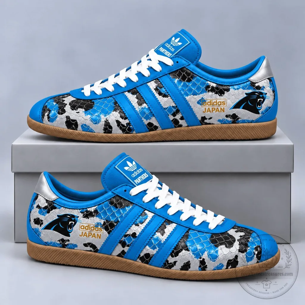Carolina Panthers Blue Leopard Print Adidas Gazelle Style Athletic Shoes Carolina Panthers Blue Leopard Print Adidas Gazelle Style Athletic Shoes