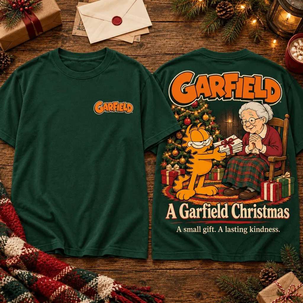 Garfield Christmas Gift Scene Holiday Kindness Green T-Shirt Garfield Christmas Gift Scene Holiday Kindness Green T-Shirt
