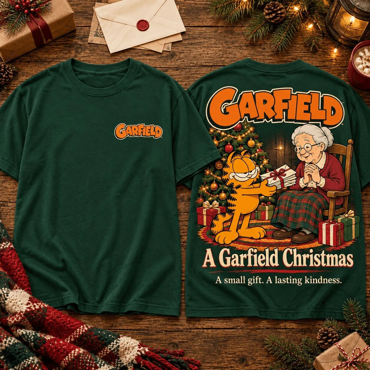 Garfield Christmas Gift Scene Holiday Kindness Green T-Shirt 1 Garfield Christmas Gift Scene Holiday Kindness Green T-Shirt