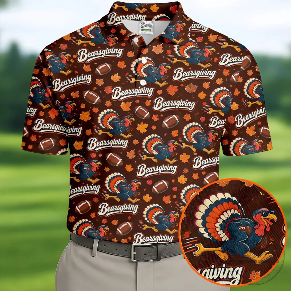 Brown Bearsgiving Turkey Football Pattern Thanksgiving Polo Shirt for Men Brown Bearsgiving Turkey Football Pattern Thanksgiving Polo Shirt for Men