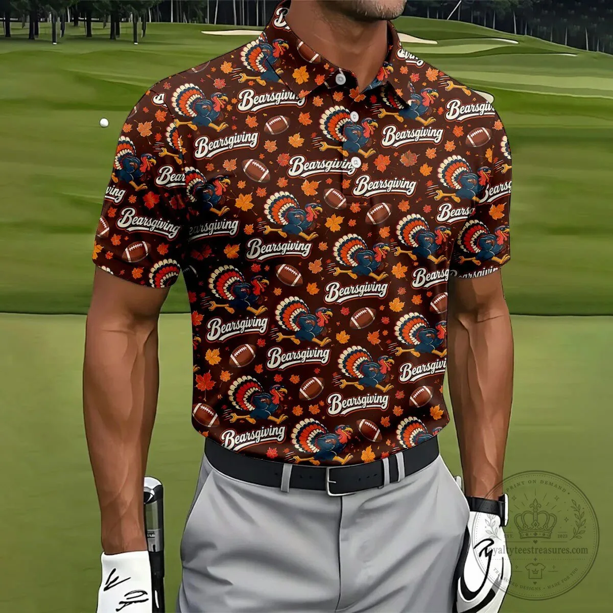 Brown Bearsgiving Turkey Football Pattern Thanksgiving Polo Shirt for Men 20 Brown Bearsgiving Turkey Football Pattern Thanksgiving Polo Shirt for Men