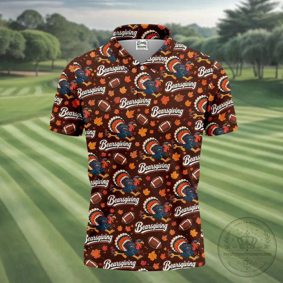 Brown Bearsgiving Turkey Football Pattern Thanksgiving Polo Shirt for Men 21 Brown Bearsgiving Turkey Football Pattern Thanksgiving Polo Shirt for Men