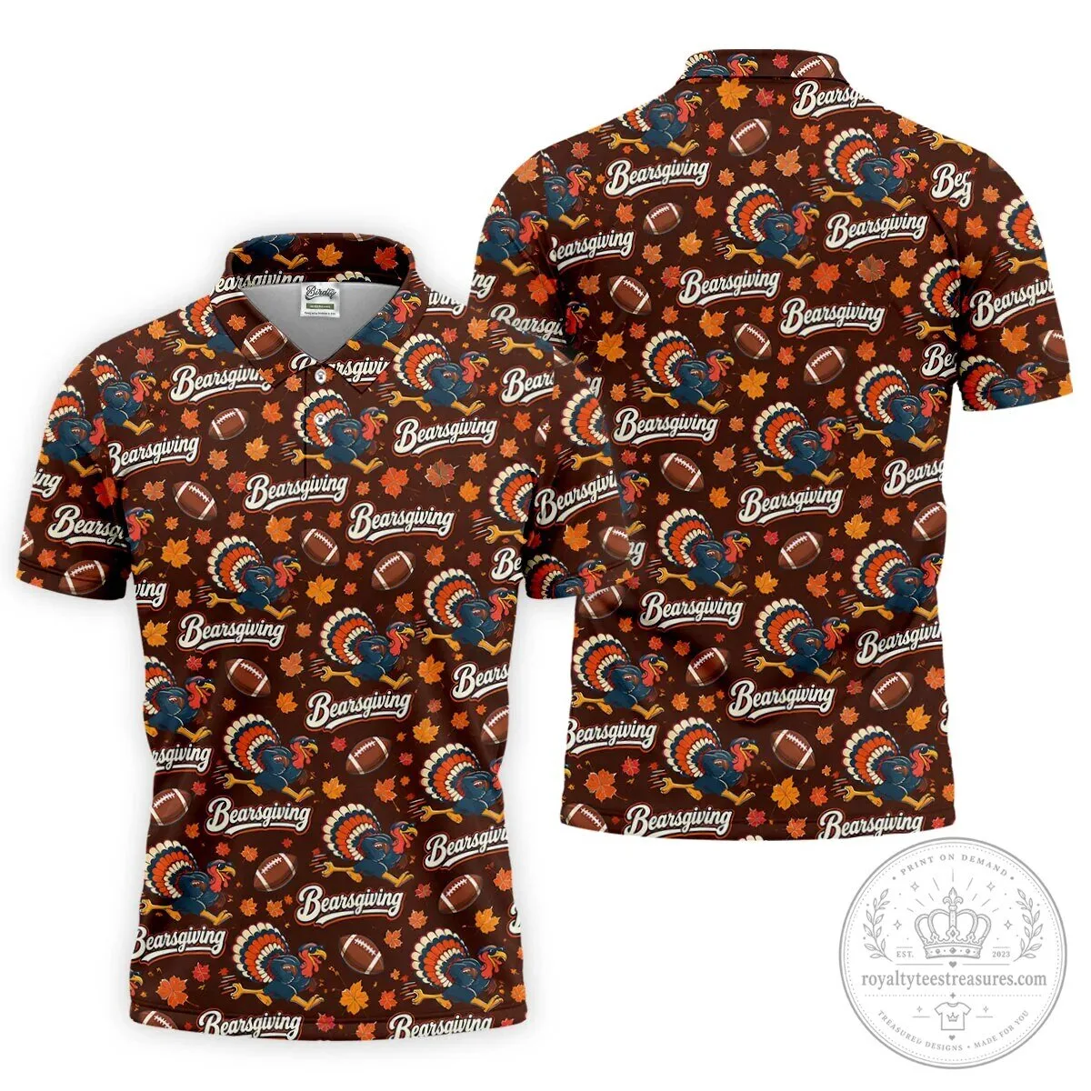 Brown Bearsgiving Turkey Football Pattern Thanksgiving Polo Shirt for Men 30 Brown Bearsgiving Turkey Football Pattern Thanksgiving Polo Shirt for Men