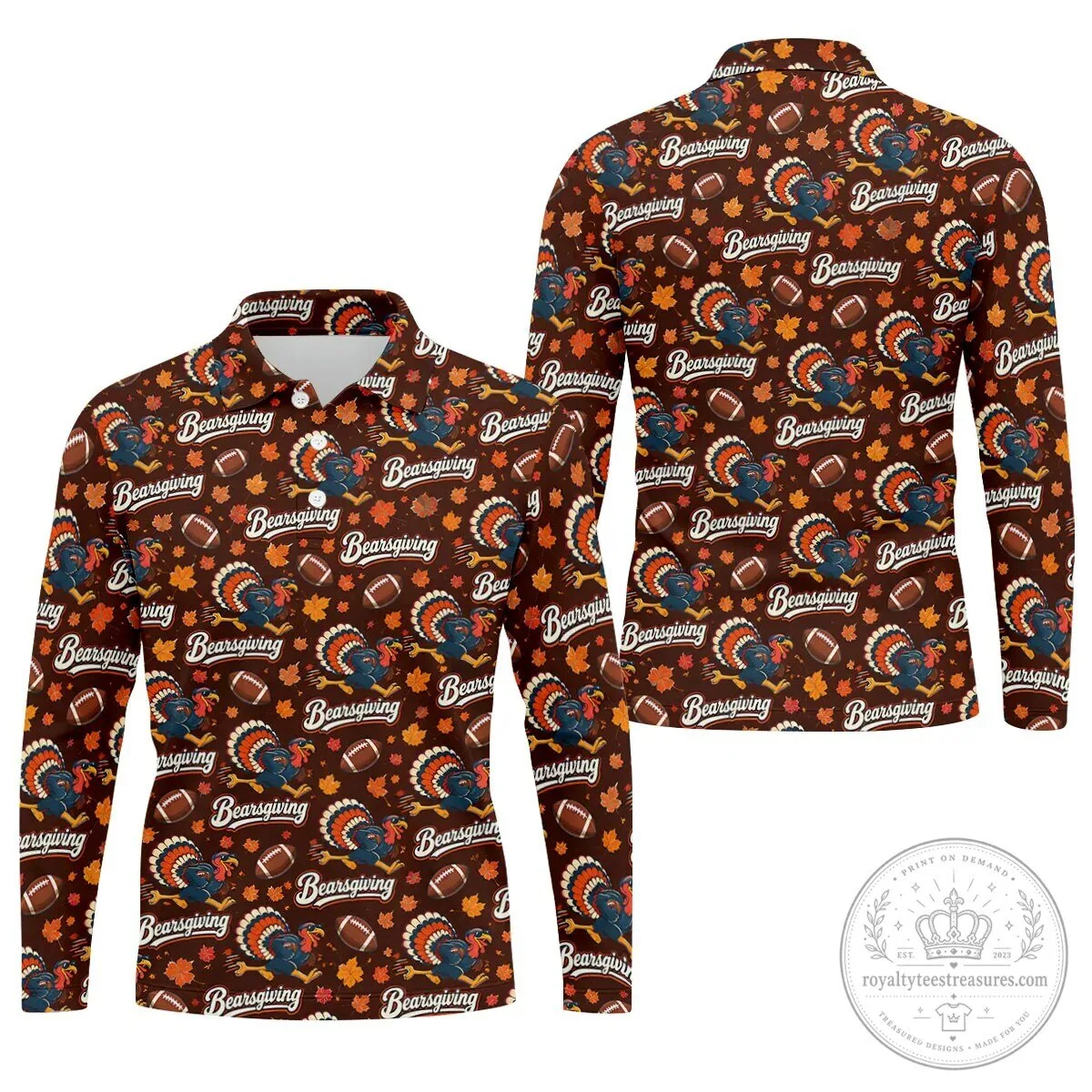 Brown Bearsgiving Turkey Football Pattern Thanksgiving Polo Shirt for Men 32 Brown Bearsgiving Turkey Football Pattern Thanksgiving Polo Shirt for Men